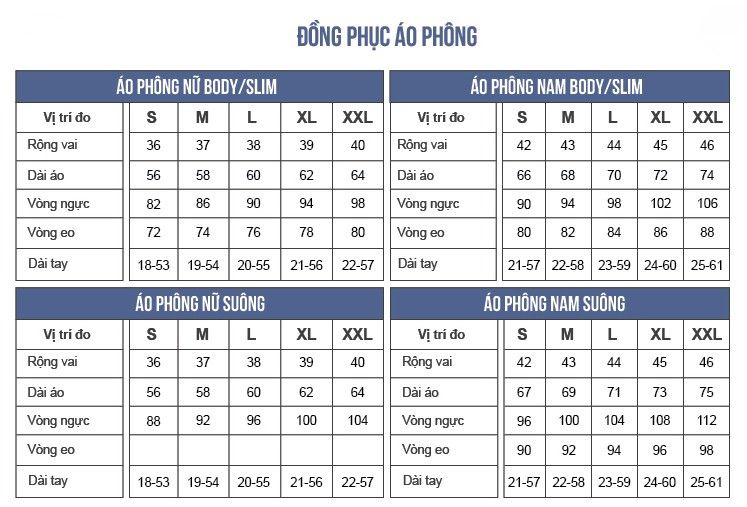 Bảng kích thước đồng phục cho doanh nghiệp